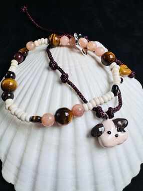 Handmade Brown & Cream Beaded Dog Charm Bracelet